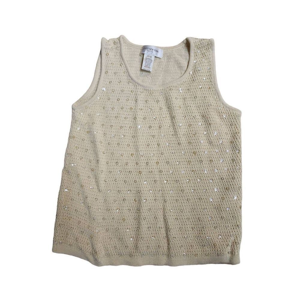 90s Vintage Jones New York Knit Tank Sleeveless Bling Sequins Butter Yellow